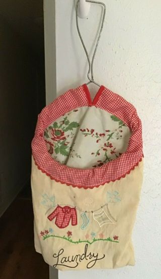 Hanging Clothes Pin Bag Vintage Look Red Gingham Rickrack Laundry Bag