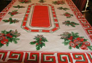 Vintage Christmas Tablecloth Cotton Print Ornaments Holly Bells Bows 67x51