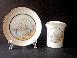 Set Of 2 Vtg 1987 Lefton Porcelain 4 - 1/4  Florida Bird Vase & 6 - 1/4  Bird Plate