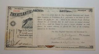 c.  1892 The Atlantic Pacific Railway Tunnel Co.  of Colorado Stock Certificate 3