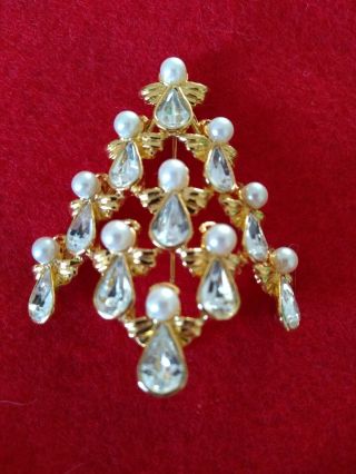 Vtg Nr Avon Stacked Rhinestone Angels Christmas Tree Brooch / Pin W/ Fx Pearls