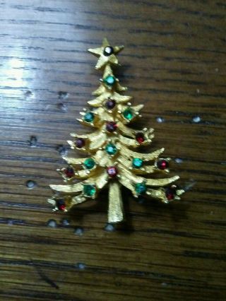 Lovely Vintage Mylu Christmas Tree Pin Brooch W/red & Green Rhinestones