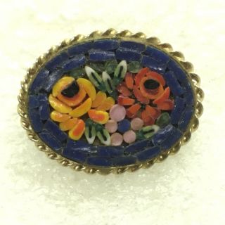 Vintage Micro Mosaic Poppy Flower Brooch Pin Glass Tile Oval Small Jewelry