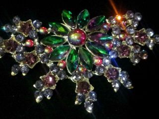 Vtg Spectacular Huge 4 1/2 " Wide Brooch Red Ab Cabs,  Purple & Green Watermelon