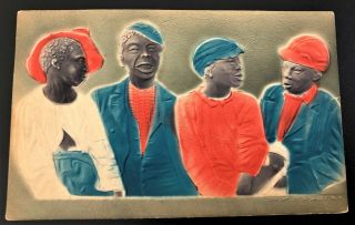 Very Good Cond.  Vintage Black Americana Postcard Embossed Group Of Men 1907/08,