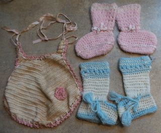 Darling Antique Hand Crocheted Pink & Blue Doll Booties And Crocheted Baby Bib