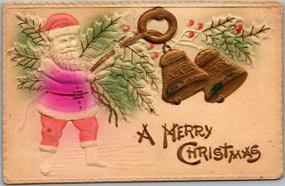 Vintage " A Merry Christmas " Embossed Postcard Airbrushed Santa Claus C1910s