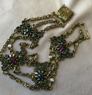 Vintage 1980’s Victorian Revival Multi Chain Color Crystal Panel Bracelet 7 7/8” 2