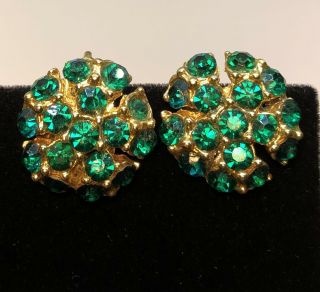 Vintage Screw Back Earrings Gold Tone Green Rhinestones Christmas Jewelry