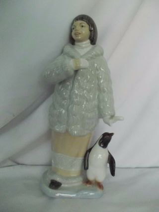 Valencia Spain Porcelain Eskimo - Woman With Penguin Figurine 12 Inches Tall