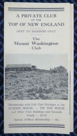 C.  1920 Mount Washington Club Tip Top House Brochure - Hampshire