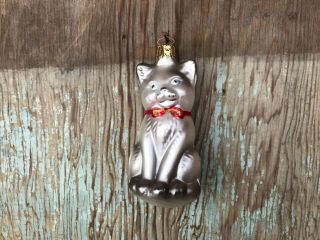 Vintage Glass Gray Cat With Red Bow Christmas Ornament