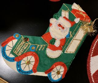 Vintage Handmade Felt Bead Sequin Christmas Stocking