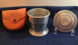 Vintage Collapsible Metal Cup - Lid - Cowhide Case - 2 1/2 " Tall