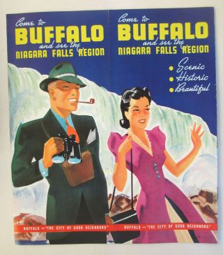 1938 Buffalo Ny Niagara Falls Region Promotional Brochure W/cartoon Map Inside