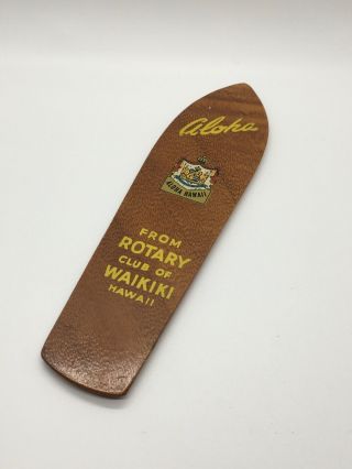 Vintage Hawaii Hawaiian Souvenir Surf Board Waikiki Rotary Club Monkey Pod Wood