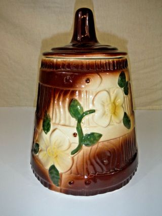 Vintage American Bisque Cookie Jar Stoneware Dogwood Flower Butter Churn Barrel