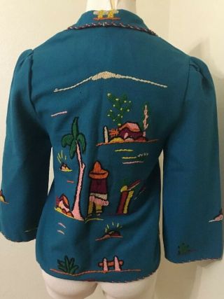 Vintage Mexico Tourist Jacket Embroidered Wool 1940 - 50’s Blue Cactus Scenic