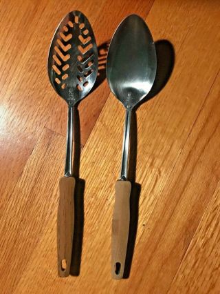 Vintage Ecko Stainless Steel Spoon And Slotted Spoon Faux Wood Handle