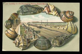 Vtg - Sunday On The Boulevard - Revere Beach,  Ma - Shell Border Glitter Postcard