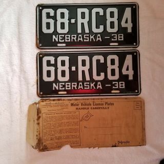 Pair Nebraska License Plate Plates 1938 Old Stock In Mailer