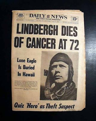 Aviator Charles Lindbergh Atlantic Ocean Solo Flight Fame Death 1974 Newspaper