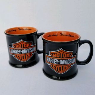 Harley - Davidson Motorcycles 3d Mugs Set Of 2 Raised Logo Black Orange Embossed