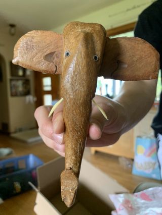 Vintage Hand Carved Wooden Elephant Head Wall Hook Hanger