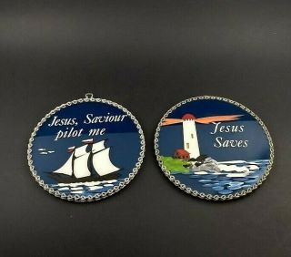 Christian Glass Plaque Set Of 2 Chain Frame Vintage Hand Painted Nautical Ship