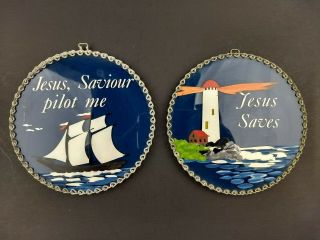 Christian Glass Plaque Set of 2 Chain Frame Vintage Hand Painted Nautical Ship 2