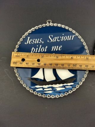 Christian Glass Plaque Set of 2 Chain Frame Vintage Hand Painted Nautical Ship 3