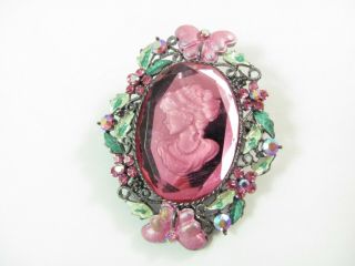 Lovely Vtg Pink Cameo Glass Rhinestone Pin Brooch Flowers