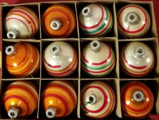 12 Vintage Christmas Ornaments Glass Bulbs Ball Stripe Yellow White Pink Red