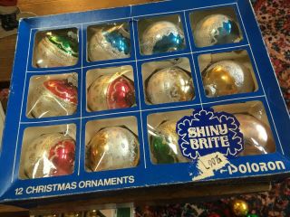 11 Vintage Shiny Brite Christmas Ornaments,  Box Glitter Design V