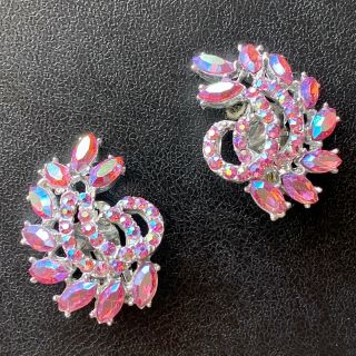 Signed Dodds Vintage Pink Ab Crystal Rhinestone Flower Clip Earrings 583