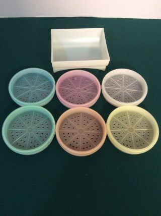 Vintage Tupperware Set of 6 Multicolored Wagon Wheel Coasters with Holder 2