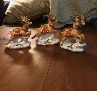 Set Of 3 Vintage Ceramic Reindeer Christmas Candle Holders
