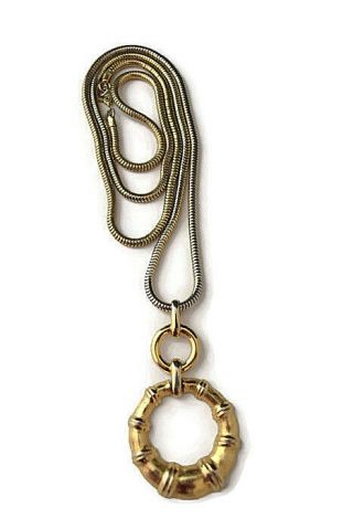 Vtg Monet Shiny Gold Tone Snake Chain Necklace W/ Bamboo Design Pendant