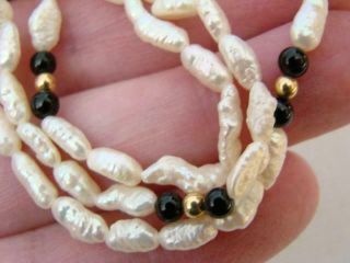 Lovely Vintage 30 " White Fresh Water Biwa Rice Pearl Onyx Necklace