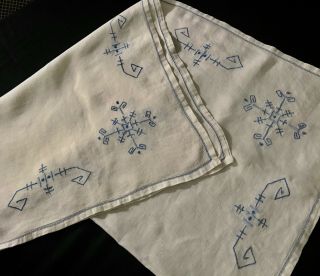 Early Vintage Gorgeous Embroidery In Blue Tea Tablecloth 35 " Sq Drown - Work Hem
