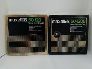 2 Reels Maxell 50 - 120 / 50 - 120b Sound Recording Tape 2500 Ft 10 Inch Metal Reel