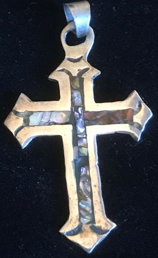 Vintage Religious Sterling Silver Cross W/ Abalone Inlay Pendant Made In Mexico