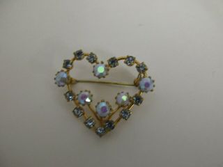 Vintage Austria Heart Pin Brooch W/light Blue & Multi Colred Rhinestones