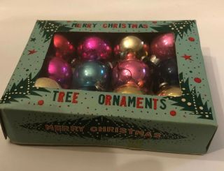 Vintage Box Of Tiny Mercury Glass Christmas Ornaments Balls Multi Colored 30mm