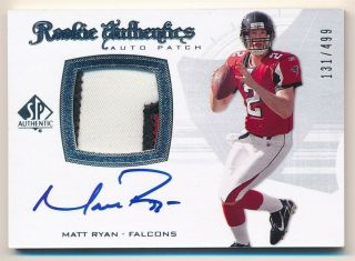 Matt Ryan 2008 Sp Authentic Rc Rookie Autograph Falcons 3 Color Patch Auto /499