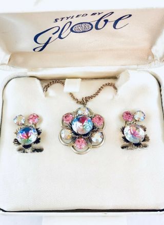 Vintage 2 Pc Set Rhinestone Necklace And Earrings Set By Globe Stunning