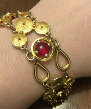 Vintage Gold Plated Red Glass Cabochon Bracelet 7.  5”