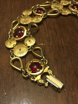 Vintage Gold Plated Red Glass Cabochon Bracelet 7.  5” 2