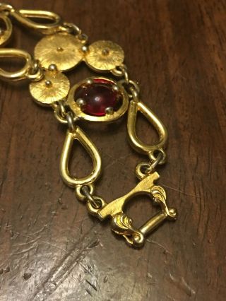 Vintage Gold Plated Red Glass Cabochon Bracelet 7.  5” 3