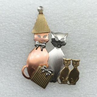 Vintage Happy Birthday Cat Family Brooch Pin Tri Tone Metal Costume Jewelry